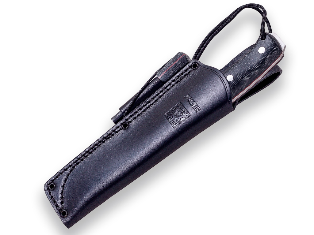 Joker Nomad 6,5" Camp Knife i sort micarta i Böhler N695 stål. Fås med eller uden tændstål. Inkl. læderskede, signal spejl og nødfløjte